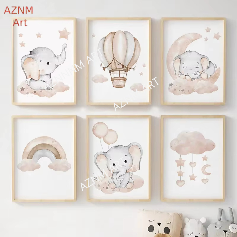 Baby Nursery Fabric - Olifant Ballon Regenboog Maan Sterren Wolk