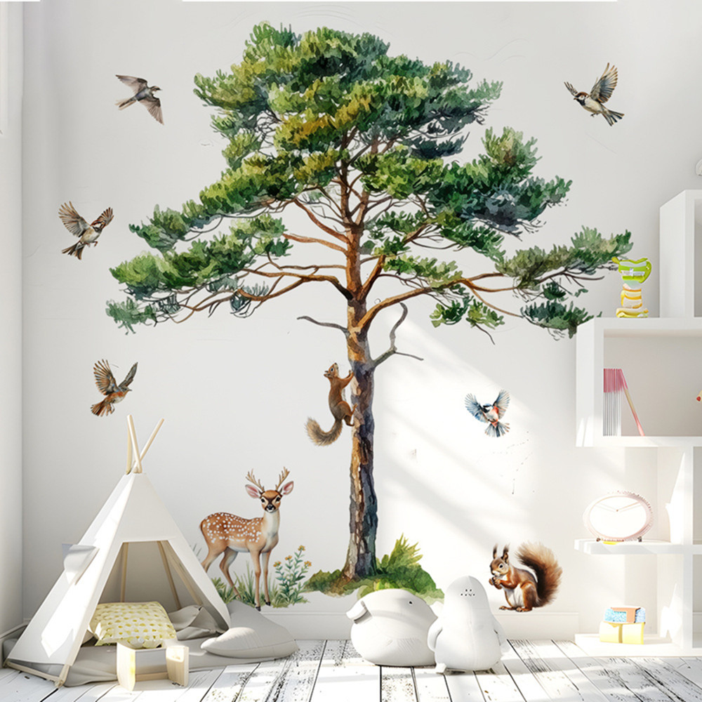 Baby Nursery Wallpaper - Grote dennenhouten wandstickers met eekhoorn, herten