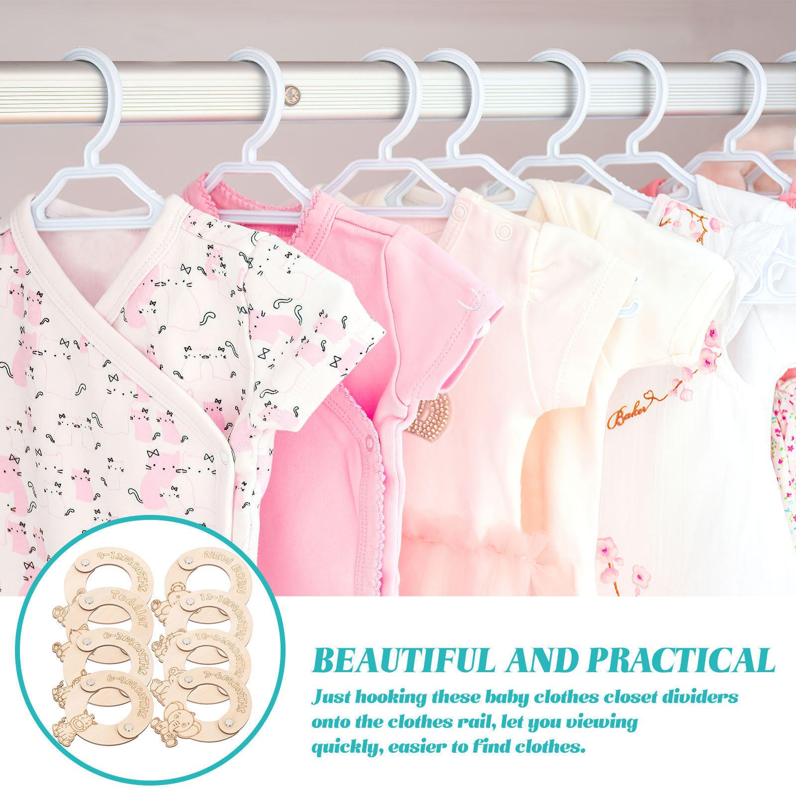 Baby Nursery Closet - 8-delige babykast kledingmaatverdelers houten organizer babykleding
