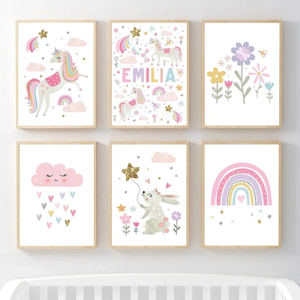 Baby Nursery Girl - Roze Eenhoorn Konijn Regenboog Wolk Bloem