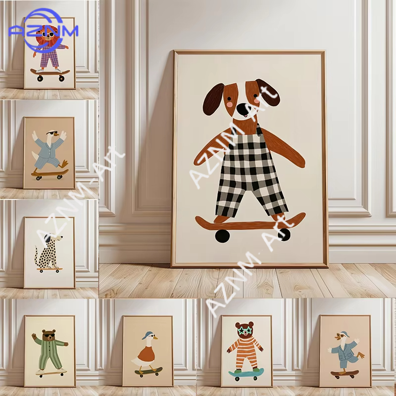 Baby Nursery Fabric - 1PC Grappige Dieren Skateboarden Poster Trendy