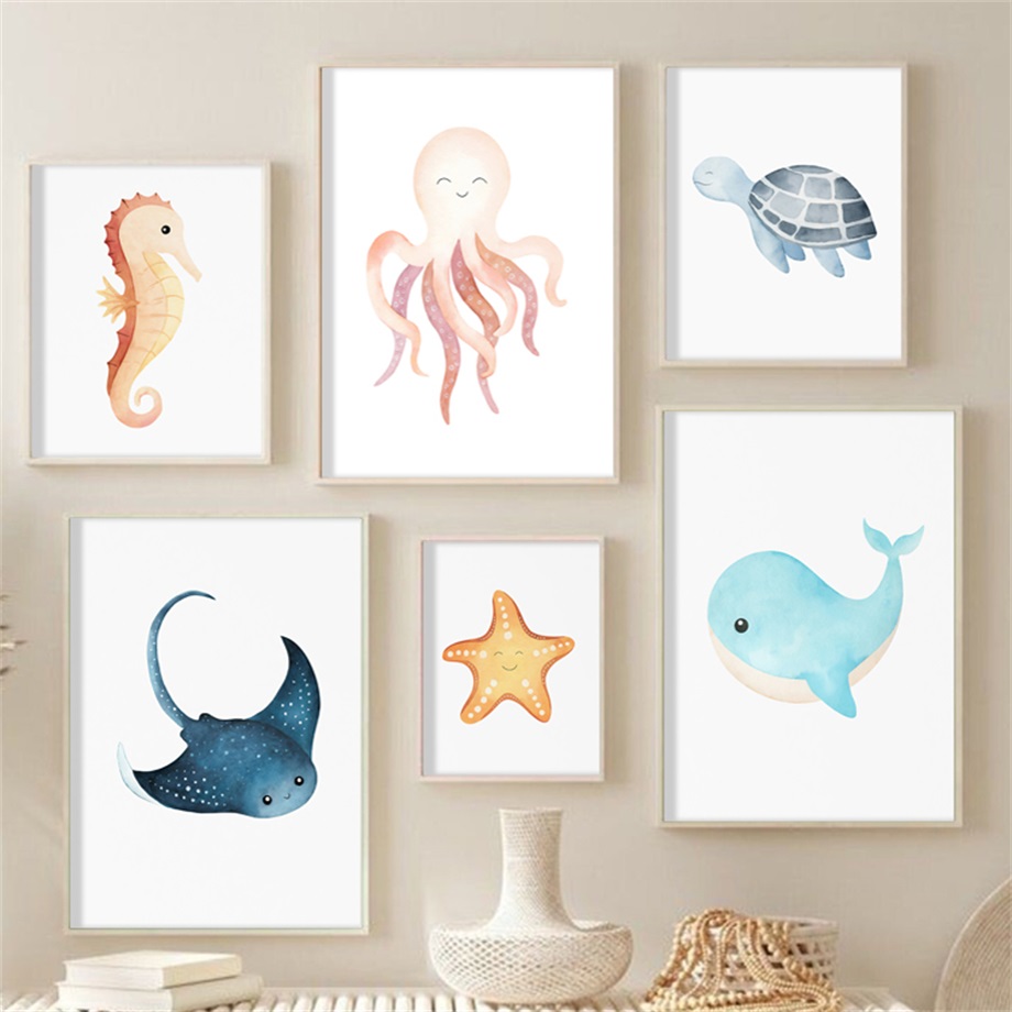 Waterverf Zeepaardje Walvis Oc - Baby Nursery Murals recensie en prijs